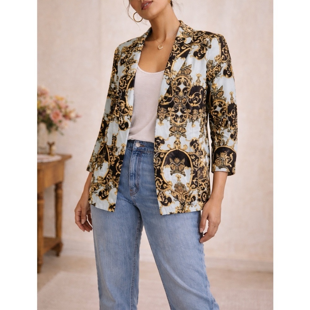 ASOS Curve Baroque Scarf Print Tailored Relaxed Blazer Jacket Blue Black‎ 16
